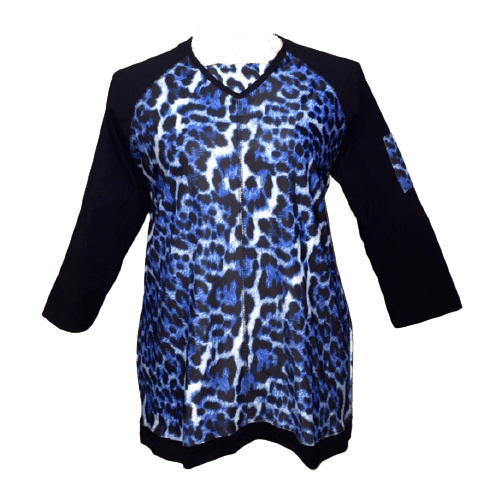Swim and Sports  V-Neck Top and UV Rashguard Blue animal print body with black 3/4