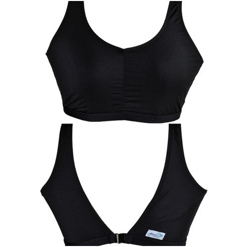Black lightweight unpadded swim/sports bra with back clip