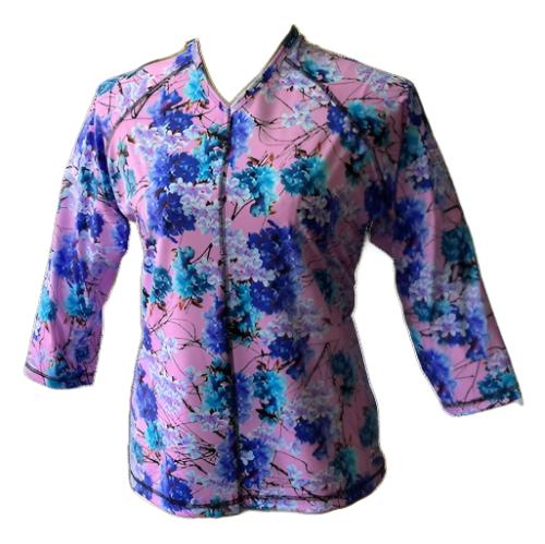 Swim and Sports  V-Neck Top and UV Rashguard Blue Pink Floral print with 3/4