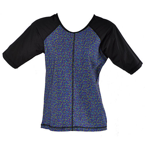 Petite Fleur Flower Pattern Short Sleeve Swim and Sports Top UV Rashguard with round neck and black sleeve  - MarSea Modest