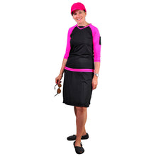  Black Swim and Sports  V-Neck Top and UV Rashguard with magenta 3/4" Sleeves featuring black swim skirt - MarSea Modest