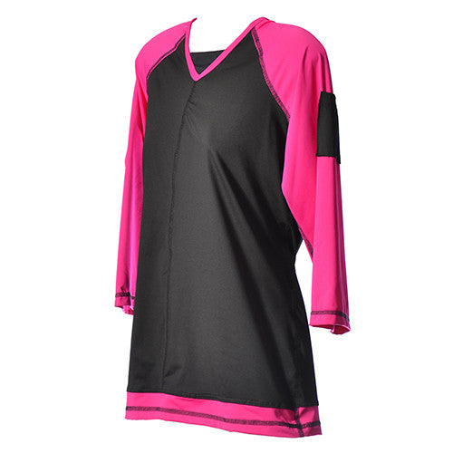 Black Swim and Sports  V-Neck Top and UV Rashguard with magenta 3/4" Sleeves - MarSea Modest
