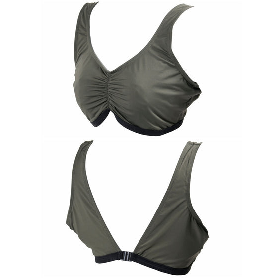 Olive lightweight unpadded swim/sports bra with back clip