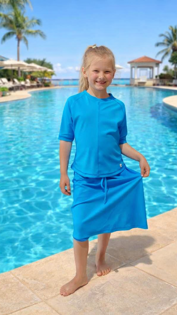 סט בגדי ים UV לילדות - Swim Skort - טופ וחצאית עם מכנסיים צמודים