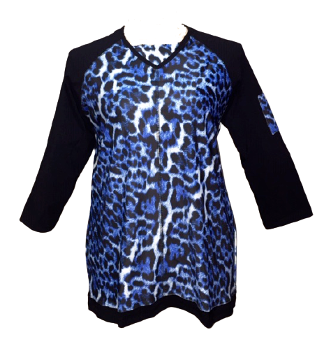 Swim and Sports  V-Neck Top and UV Rashguard Blue animal print body with black 3/4" Sleeves - MarSea Modest