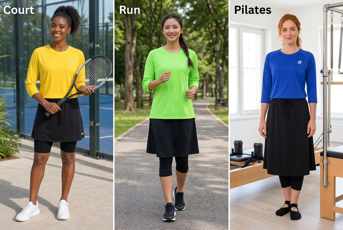 Court, running and Pilates collage with different colored tops and black skorts