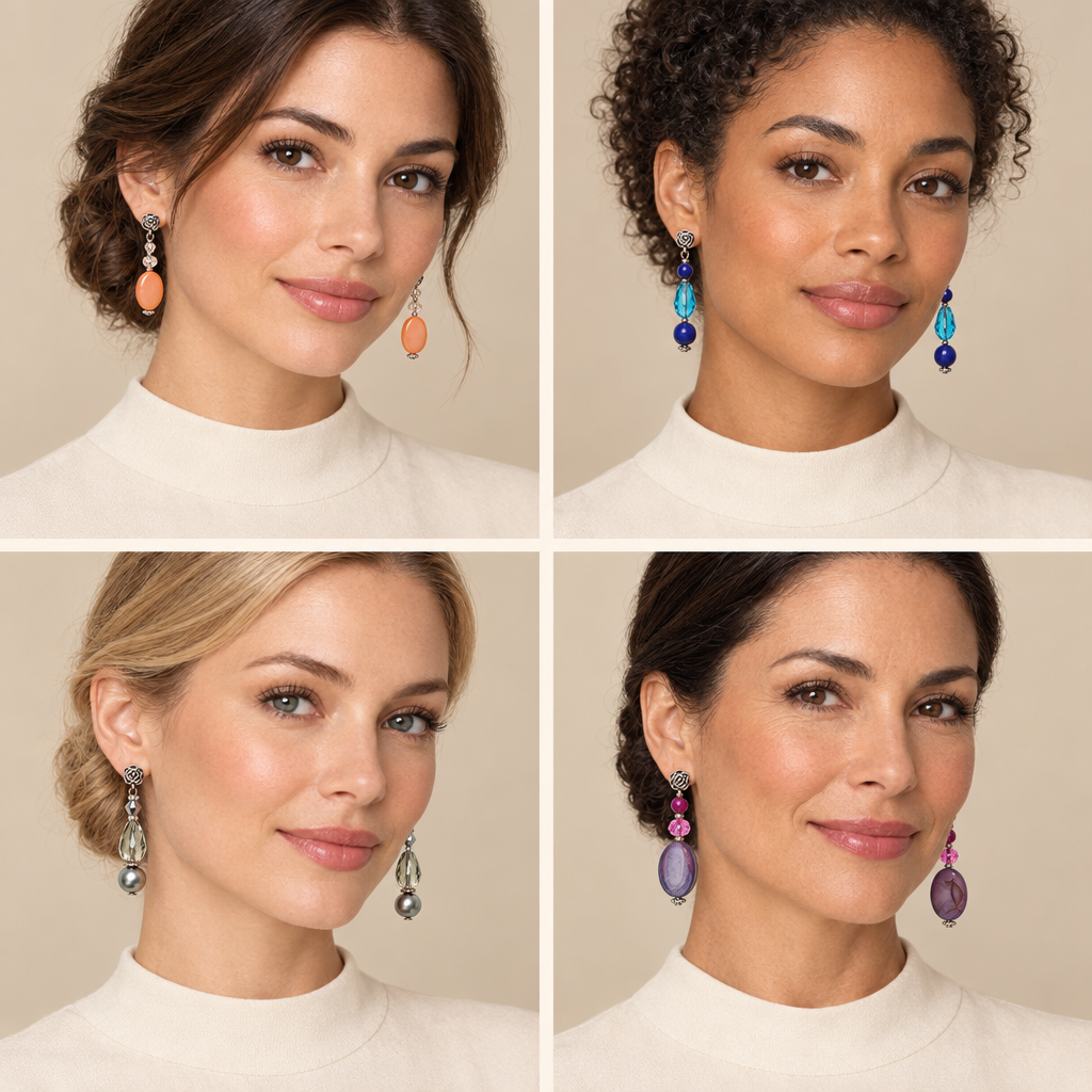 Four-woman collage featuring peach, blue, gray and purple earrings